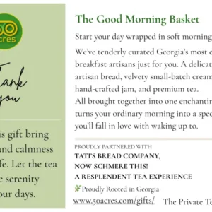 Gift promotion with a pale-green panel showing the 50acres logo and 'Thank you,' beside a right-side description of The Good Morning Basket.