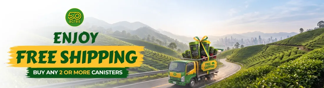 Promo banner: a green-yellow delivery truck on a winding tea-field road carrying canisters, with text 'Enjoy Free Shipping' and 'Buy any 2 or more canisters'.